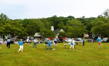 The Rotations Social Distance Singing during the Boothbay Harbor Rotary Club’s “Circling the Wagons” party at the Boothbay Railway Village July 2. Courtesy of Irene Fowle