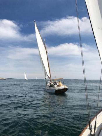 Ross Branch sailing his Friendship sloop, Morning Star, just past the first mark. Courtesy of Jon Dunsford