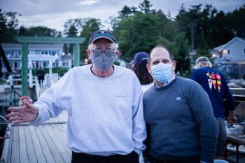 Hamilton Meserve, left, of the Harbor Theater and Bruce Harris of Southport get ready to enjoy the show at Linekin Bay Resort. Erin Stodder photo