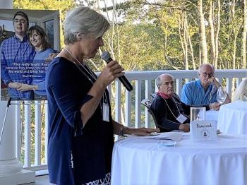 Cathy Honeycomb, mother of young adult twins with autism, speaks at the fundraiser at Boothbay Harbor Country Club. Michelle Amero photo
