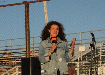 State Rep. Chloe Maxmin of Nobleboro, candidate for State Senate District 13, speaks at the rally. Bob Crink photo