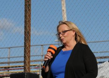 State Rep. Holly Stover of Boothbay, candidate for re-election, HD89, speaks at the rally. Bob Crink photo