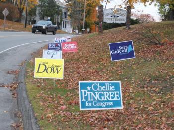 The Lincoln County Courthouse is filled with political signs, but two bright pink ones advocating stopping child trafficking were removed by an unknown person. BILL PEARSON/Boothbay Register