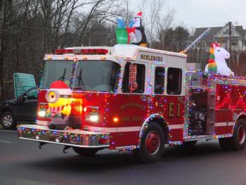Engine No. 1 from the Minnehata Fire Station in Nobleboro won the inaugural Dalmatian Cup and People’s Choice Award on Nov. 28 in Boothbay Lights’ Lighted Fire Truck Parade that began at the Boothbay fire station and continued to downtown Boothbay Harbor. BILL PEARSON/Boothbay Register