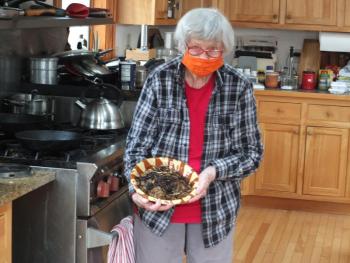 Jo Cameron of Edgecomb displays her Mujuddarah, a Lebanese dish with lentils, rice and spicy onions. BILL PEARSON/Boothbay Register