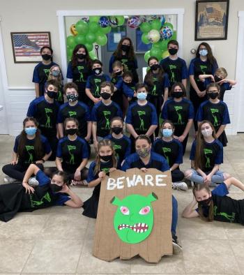 The 2021 Y Arts cast of “Shrek” with Director, Emily Mirabile at the Boothbay American Legion Hall. Courtesy of Emily Mirabile