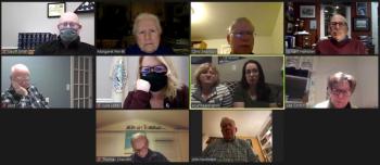 From top: Code Enforcement Officer Geoff Smith, planning board member Margaret Perritt, Vice
Chair Chris Swanson, member Bill Hamblen, alternate Jon Dunsford, Town Manager Julia Latter, applicants Laurie Dickinson and Kourtnee Langlois, alternate Lee Corbin, Chair Tom Churchill and member John Hochstein. Zoom screenshot