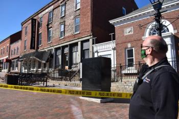 Wiscasset Fire Chief Rob Bickford at the scene after part of the Wawenock building collapsed April 3. PHIL DI VECE/Wiscasset newspaper