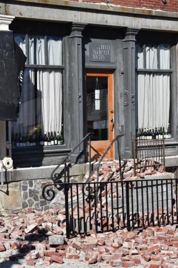 Hundreds of bricks fell when the wall gave way Saturday afternoon. PHIL DI VECE/Wiscasset Newspaper