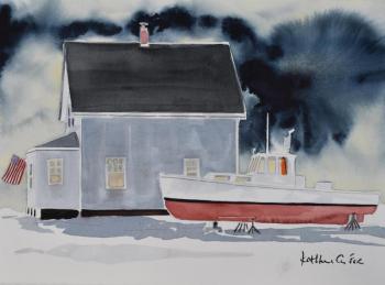 “Abigail” depicts a minister’s house and the “three different things pulling him:” lobstering, the flag and God. Courtesy of Kathleen Fox