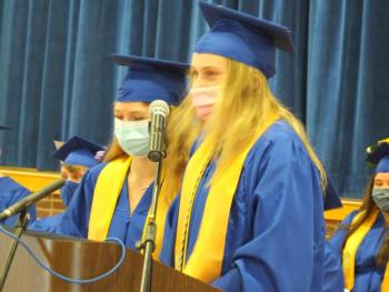 Marissa Peters, left, and Kylie Brown presents the Class of 2021 statistics during Class Day. BILL PEARSON/Boothbay Register