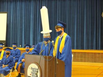 Vice president Mason Erhard towers over president Ben Pearce as the two give the class prophecy. BILL PEARSON/Boothbay Register