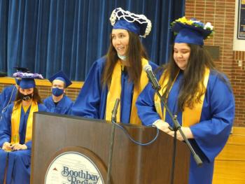 Class historians Glory Blethen, left, and Emma Brewer recount the class’ years together. BILL PEARSON/Boothbay Register