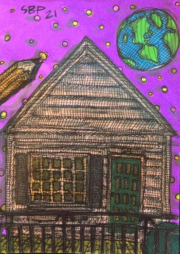 Illustration of the Hasenfus Gallery by Seth Bond Perry. The artist will be working and exhibiting in the gallery during the June 24 Wiscasset Art Walk. Courtesy of Lucia Droby Seth Bond Perry