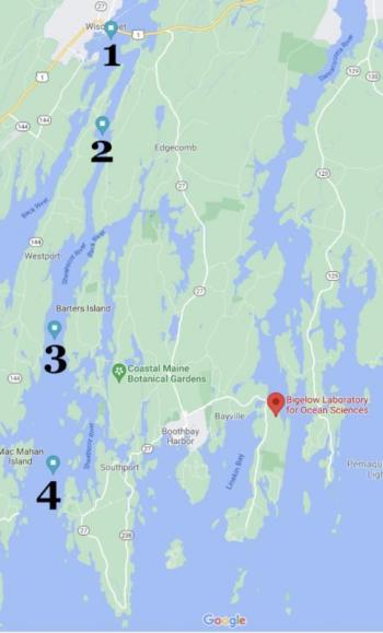 The locations of the four stations are shown in bold black numbers. Station 1 is upriver in Wiscasset, heading down river is Station 2 in the Narrows, Station 3 in the Gut, and Station 4 is off Southport island. Google Maps