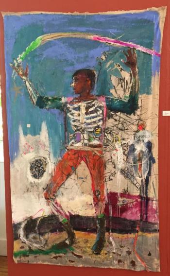 “Kid” – acrylic, collage on canvas – by Matt Blackwell. Matt Blackwell