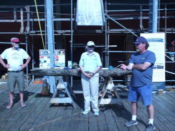 Project Manager Ross Branch explains to tour-goers June 28 the Ernestina-Morrissey’s rebuild. BILL PEARSON/Boothbay Register