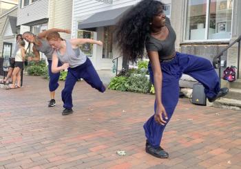 From left, Dance Maineia teacher Melanie Pagurko of Whitefield and students Michaela LaCrosse and Sopna Atkinson-Tatro, both of Damariscotta, dance to hip hop music at Wiscasset Art Walk Aug. 26. SUSAN JOHNS/Wiscasset Newspaper