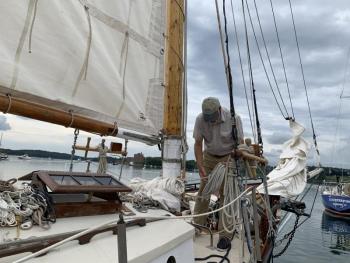 Fred Bowers mans the boat he built over 16 years, the Sycamore. SUSAN JOHNS/Wiscasset Newspaper