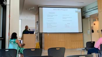Dr. David Fields presents the activities REU students engage in during their 10 weeks at Bigelow, such as applying to graduate school, participating in a cruise and going on a kayak trip. LILLY CURTIS/Boothbay Register