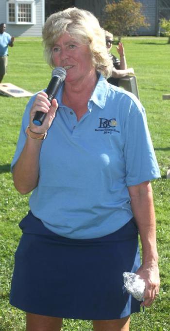 BCC Chairperson Brenda Blackman announces $15,000 has been raised at the tournament. STEVE EDWARDS/Boothbay Register