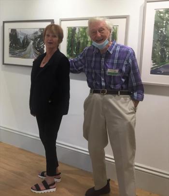 Tony and Jan van Hasselt find themselves in a “Candid Camera” moment at Studio 53. Tony is one of the gallery’s regular artists. LISA KRISTOFF/Boothbay Register