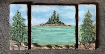 Encaustic triptych by Lonie Laffely Ellis at Damariscotta River Grill. Courtesy of Kim Skillins Traina Lonie Laffely Ellis