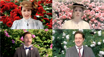 The couples! From top left: Jessica Plotin as Gwendolen Fairfax, Emily Sue Barker as Cecily Cardew; left, bottom: Soren Barker as Algernon Moncrieff and Michael Hovance as Earnest. Courtesy of River Company