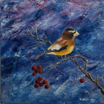 Bill Duncan: “Evening Grosbeak on a Crabapple Tree.”