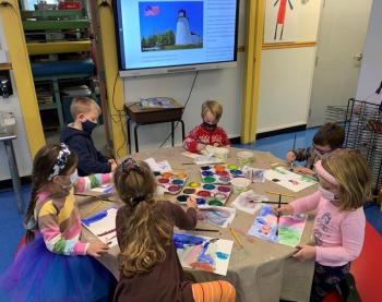 Southport students make paintings of the lighthouse for the celebration of Burnt Island’s 200th anniversary. Courtesy of Elaine Jones