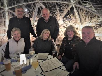 Down East Yacht Club members, front, from left: Jane Mulholland, Susan Pope, Jean McKay and Bob McKay; back row, from left: Dana Mulholland and Brent Pope, were loving the igloo dining experience at Tugboat Dec. 2. LISA KRISTOFF/Boothbay Register
