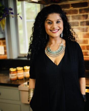 Cherie Scott in her Boothbay kitchen where, for now, she makes her three Mumbai to Maine gourmet simmer sauces. Courtesy of Heidi Kim