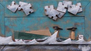The wooden assemblage art of Southport-based artist Andre Benoit will be on exhibit at the library now through the end of February. Courtesy of the artist Andre Benoit