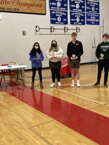 Rachel Barter, second from left, accepts her 4th place trophy, standing among the top 5 juniors of Central Maine. Courtesy of Peter Gilchrist