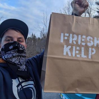 Owen Heil of Spartan Sea Farms/Pound of Tea Oysters delivers fresh kelp to southern Maine residents during the spring 2020 harvest season. Courtesy of Owen Heil