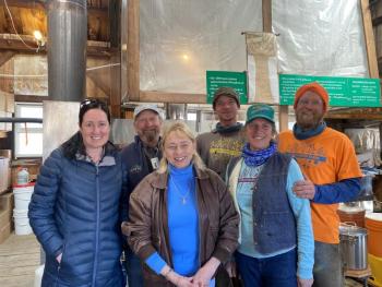 Gov. Janet Mills, Agriculture Commissioner Amanda Beal, and Goranson Farm owners Jan Goranson and Rob Johanson and their sons at the Dresden farm March 27. Courtesy photo