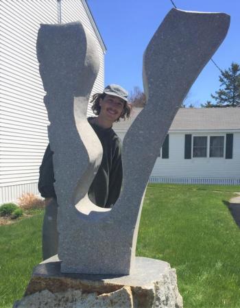 A very happy Joseph DiMauro post-installation. LISA KRISTOFF/Boothbay Register Joseph DiMauro, stone sculptor