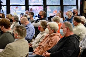Senate District 13 voters listen to Senate Democratic primary candidates David Levesque and Cameron Reny April 26 at Great Salt Bay Community School in Damariscotta at a forum hosted by the Lincoln County Democratic Committee. Bob Crink photo