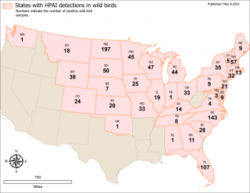 Confirmed detections of Highly Pathogenic Avian Influenza (HPAI) in wild birds in 2022 as of May 9, 2022 as reported by the U.S. Department of Agriculture. #bird-column, #jeff-and-allison-wells, #birds, #boothbay-register, #maine, #avian-flu