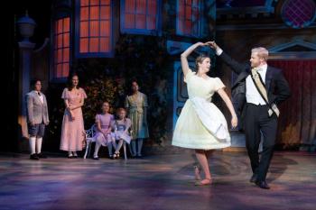 Gregory J Trapp Jr. (Kurt), Taylor Quick (Liesl), Lily Philbrook (Marta), Josie Marzilli (Gretl), and Sophia Scott (Louisa) watch as Hanley Smith (Maria), Will Ray (Captain Von Trapp) demonstrate an Austrian folk dance in a scene from MSMT’s “The Sound of Music” playing through June 25. Jared Morneau Photography