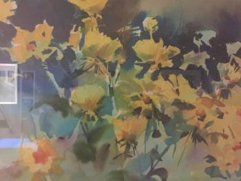 Close up image of Carol Jessen’s watercolor “Yellow Flowers.” Loaned for the show by friend Chet Evans Carol Jessen