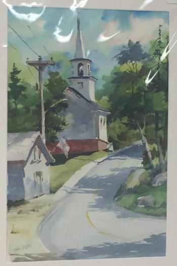 Matted print of Ocean Point Road and the Methodist church. This piece is for sale thanks to Susan Brackett and Bob Eisele who donated it for the show. Carol Jessen