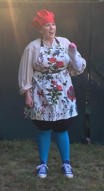 Maimed chef Emily Sue Barker in the “Titus Andronicus” bit with the play as a cooking show, The Gory Gourmet. LISA KRISTOFF/Boothbay Register