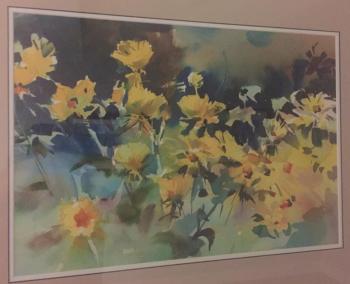Full Yellow Flowers painting, a watercolor by Carol Jessen. Loaned by Chet Evans