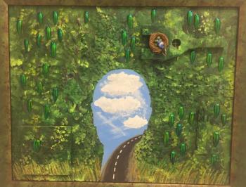“Head in the Clouds” by Wendy Clayton. This mixed media includes puzzle pieces and Tibetan beetle wings. See it at BRAF.