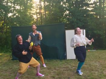 Actors, from left, Robo Bishop, Soren Barker and Emily Sue Barker rapping a synopsis of “Othello” during a recent River Company rehearsal. LISA KRISTOFF/Boothbay Register