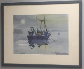 Carol Jessen painting of a ship at sea under a full moon and fog. Loaned for the show by Marcia Annenberg Carol Jessen