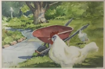 “White Chicken Beside A Red Wheelbarrow,” Carol Jessen watercolor. Carol Jessen