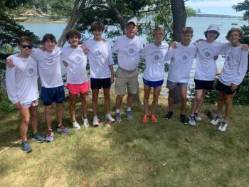 Kyle Rankin began his days as a competitive runner as pre-teen in Boothbay Harbor in the late 1970s. He is now a Florida high school cross-country coach and brought his boys’ team to Boothbay Harbor for a training and team-bonding session. Pictured, from left, Barron Collier High School team members Brad Malick-Beltran, Landon Turner, Gibson Ardoline, Charlie Bevin, Coach Kyle Rankin, Chase Howes, Taylor Morrison, Griffin Coots, and Hudson Casto. BILL PEARSON/Boothbay Register