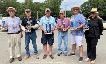 And the 2022 OBD Williams-Fossett Vintage Car Show trophy recipients are, from left, John C. Harris, South Bristol; Trey Walker, Damariscotta; Tom Yale, Boothbay; Doug Harley, Boothbay; Russell Orms, Brunswick showing for Paul Anderson; and Betsy Royal, South Bristol. Courtesy of Jeff Friedman